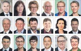 Gewählt (von oben links): Als Regierungsrat: Alex Hürzeler, SVP, bisher. Als Mitglied des Grossen Rates:– im Bezirk Rheinfelden: Kathrin Hasler, SVP, bisher;  Désirée Stutz, SVP, bisher; Andy Steinacher, SVP, bisher; Claudia Rohrer, SP, bisher, Carole Binder-Meury, SP, neu; Bernhard Scholl, FDP, bisher; Beat Käser, FDP, neu; Alfons P. Kaufmann, CVP, bisher; Andreas Fischer Bargetzi, Grüne, bisher; Béa Bieber, glp, bisher; – im Bezirk Laufenburg: Christoph Riner, SVP, bisher; Emanuel Suter, SVP, neu; Elisabeth Burgener Brogli, SP, bisher; Colette Basler, SP, bisher; Bruno Tüscher, FDP, bisher; Werner Müller, CVP, bisher; Gertrud Häseli, Grüne, bisher. Fotos: zVg